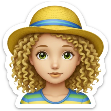 dirty blonde curly hair girl wearing hat with yellow blue and green horizontal stripes sticker