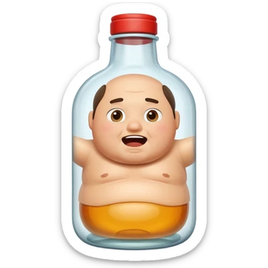 clear bottle filled with a chubby man inside, humorous and expressive emoji style sticker