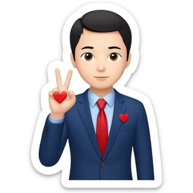A man in very black short hair with all back hair style, wearing dark blue suit and red tie, making a Korean finger heart like photo sticker