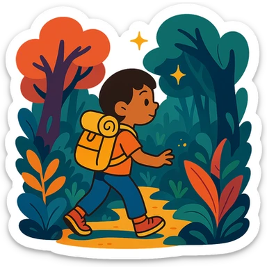 child with backpack exploring an enchanted forest sticker