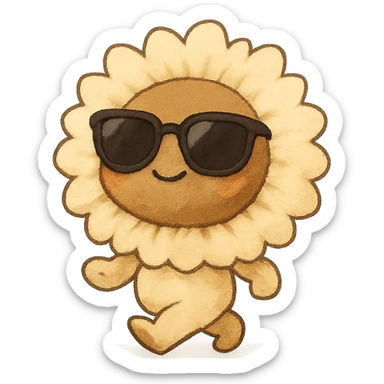 chibi fluffy creamy yellow sunflower, wearing sunglasses, walking out confidently, full body sticker