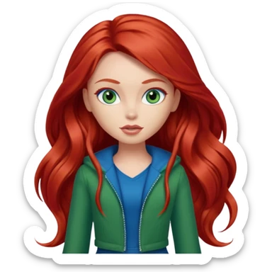 Bratz Meygan red long hair blue eyes, green outfit sticker