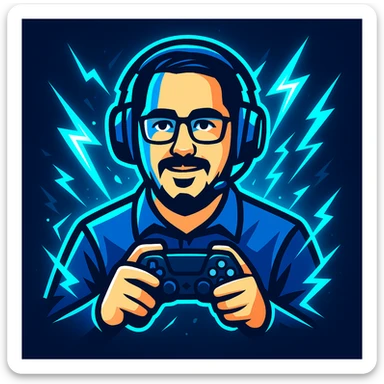 Create a modern, bold gaming logo based on the reference photo. Stylize the person with a cool gaming headset and holding a controller. Add glowing blue and white effects, with dynamic lightning accents. Use blue as the primary color. Make it energetic and suitable for a 'stream starting soon' background. sticker