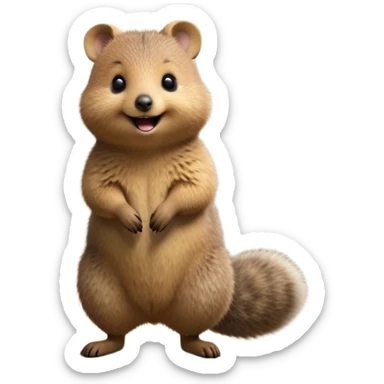 cinematic-quokka-realistic-full-body-standing on its hind legs hunched over-emoji,-small-round-frame-balanced-on-tiny-strong-hind-legs,giant fluffy cheeks large smile-fluffy-brown-fur-radiating-a-warm-softness skinny tail, ,-big-round-eyes-filled-with-joy-and-innocence,-tiny-clawed-paws-held-close-to-chest,-cheerful-smile-exuding-endearing-happiness,-simplified-yet-realistic-focused-features,-highly-detailed,-glowing-with-a-sunny-warmth, expressive eyes  sticker