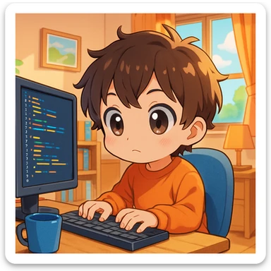 child programmer, anime style, big eyes, sitting at a monitor sticker