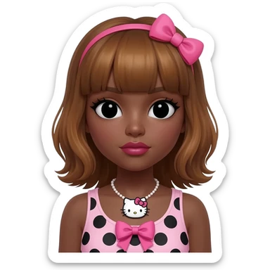 Doll faced shaped, hello kitty necklace, bimbo, black doll eyes, Big lips barbie, dark brown skin with honey brown hair, bimbocore outfit light pink and black polkadots tank top with designed pink bow on it sticker