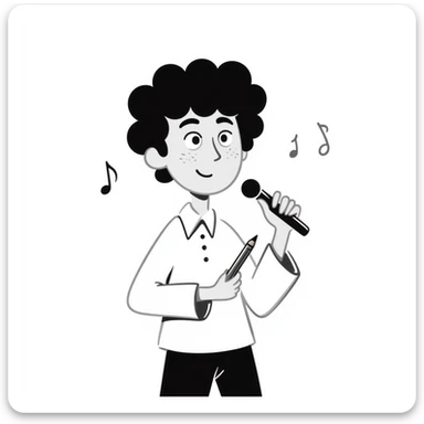 excited happy musician smiling, holding a microphone in one hand and a pencil in the other hand sticker