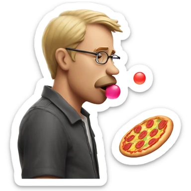 White man blowing a pizza flavoured bubble gum sticker