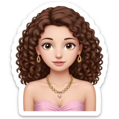 crée moi une jeune fille très belle avec les cheveux bouclés long brune avec un top  sans manche ni brettelles juste un 'bandeau' de couleur rose clair avec un peu de maquillage et des beauxcils un collier en or sticker