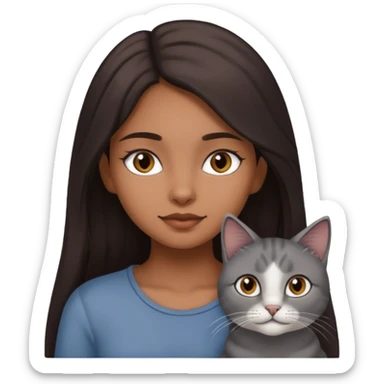 Brown girl with long dark hair with a grey cat sticker