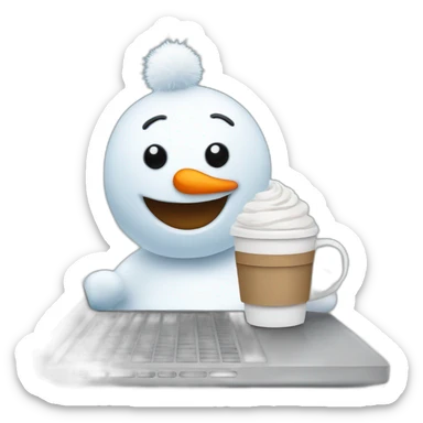 cute little snowman behind a laptop holding a coffee mug sticker
