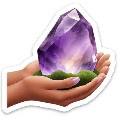 Ethereal hand silhouette (barely visible) cradling a raw amethyst, light refracting into natural scenes (e.g., skincare products in a spa), moss green (#8A9B6E) and terracotta (#B47157) gradients, soft bokeh light spots, earthy yet luxurious vibe  sticker