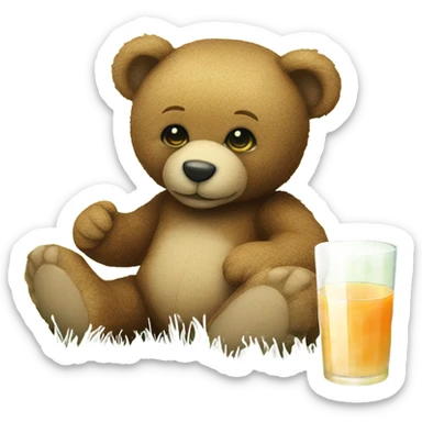 A Teddy bear holding a glass of juice sitting on a patch of grass sticker