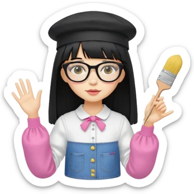 A yellow-skinned girl with long straight black hair, flat bangs, black frame glasses, a white puffy sleeve doll shirt, blue jeans and pink shoes, and a black painter's hat，no yellow spikes. sticker