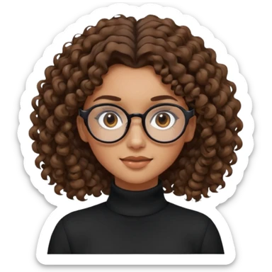 un chica con pelo rizado tiene hecha una coleta y con dos rizos sueltos en la parte de alante que le llega hasta el cuello. luego pil un poco morena ojos marrones y tiene gafas negras y son exagonales pero un poco redondeadas. sticker