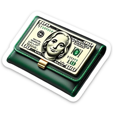 Rich emoji style black leather wallet with dollar bills, luxury money vibe, premium 3D emoji, ultra clean, high detail, no background sticker