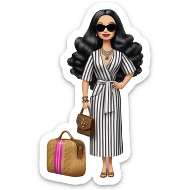 Palm Beach Breeze Barbie Wednesday Addams ,white skin, full body visible, wavy hair,handbag, earrings,vertical-striped caftan,small 2 piece, sunglasses,heels,holding yorkie Miss Thang sticker