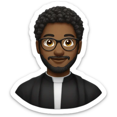 young black catholic priest beard, curly hair, with rounded glasses and clerygman sticker