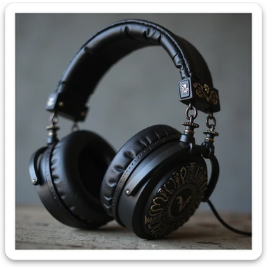 realistic black gothic headphones with heart-shaped ear cups, metallic chains, and gothic engravings, photorealistic style sticker
