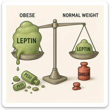 endocrinology diagram style showing a scale with leptin in green on one side and ghrelin in red on the other side; on the obese side, leptin overflows but the scale doesn't move; broken leptin weights labeled 'Peso' scattered on the floor; on the normal-weight side, the scale is perfectly balanced; 4K resolution, clinical, clear, detailed medical illustration sticker