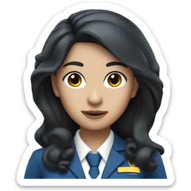 Flight attendant with long black hair, white skin and a blue uniform sticker