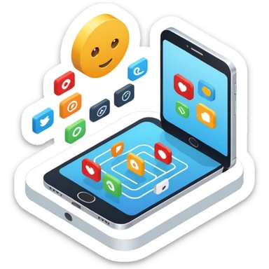 create an isometric analogous to show case user experience around multi channel like portal, chat, mobile sticker