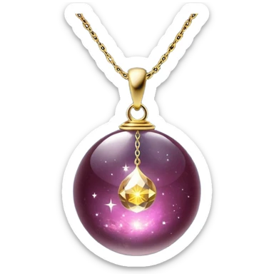 A polished round ball wine granite pendant suspended from a delicate gold chain, like a drop of enchanted starlight, glowing with the warmth of passion and the quiet power of transformation ethereal floating magical moving around... rebirth moving chain sticker