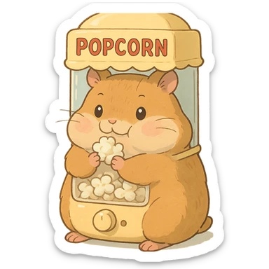 high-quality, visually appealing, normal-looking kawaii soft fluffy hamster designed as a popcorn machine appliance-animal hybrid, with puffed cheeks, holding popcorn, soft pastel colors, full-body, 电器拟动物风格 sticker