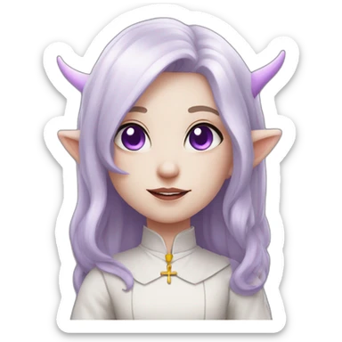 tiefling priest girl with pure white skin, pale lilac hair, light grey horns, purple eyes sticker