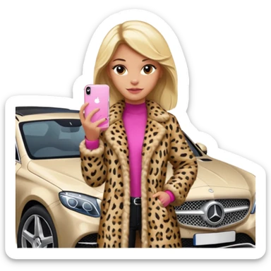 a blondie queen Arina in a leopard fur and pink iPhone on her mercedes sticker
