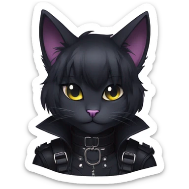 Gorgeous furry gothic dark techwear anime style anthro black cat furry sona Fakemon with blushing face aesthetic and pretty edgy black with collar and harness trending style sticker