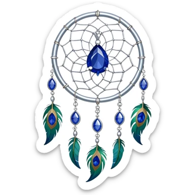 a Silver Dreamcatcher with sapphire-stones and emerald-stones, and with peacock-feathers. Big sapphire gem in the middle. Many tiny emeral gems around it.   sticker