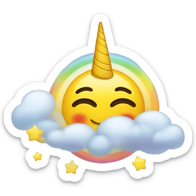 An round emoji with transparent background, of a yellow smiling happy emoji face with closed eyes. Add a unicorn, some clouds, some stars and a rainbow to make it dreamy. sticker