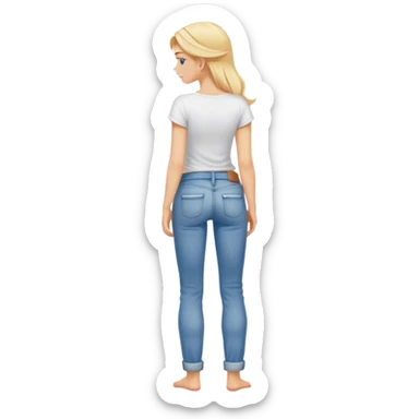 Barefoot blonde girl in rolled up jeans in white top with right hand in back pocket from the back sticker