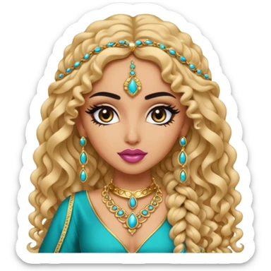 stylish bratz baddie emoji, arabian nose, pretty lips, light skin, long curly hair, black eyeliner, dressed in arabian fashion sticker