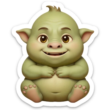 Cinematic Cute Ogre Portrait Emoji, with a surprisingly endearing, plump and huggable figure in soft earthy greens and browns, featuring big, kind eyes and a bashful smile, simplified yet irresistibly adorable, highly detailed with a soft glowing outline that captures the charm of a friendly giant who seems ready for a warm hug! sticker