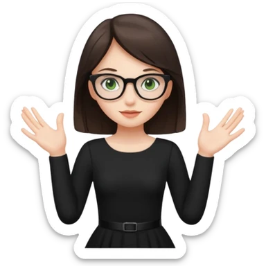 a cute white brunette girl with green eyes in a black dress wearing glasses  with two hands  sticker