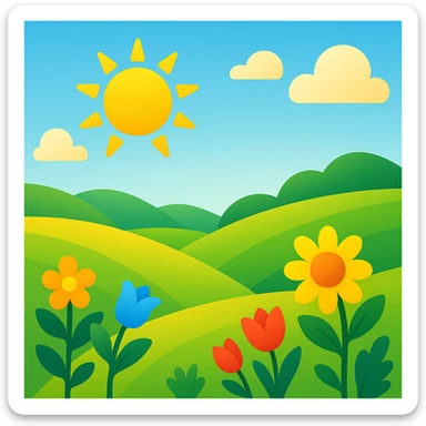 sunny landscape with rolling hills, bright and cheerful, colorful, simple shapes, emoji style inspiration sticker