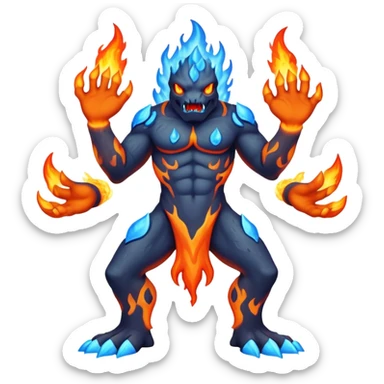 a mystical fast lava creature without arms with molten lava on its head and some rocky shoulders, fire crystals, blue flames, fire legs, no background sticker