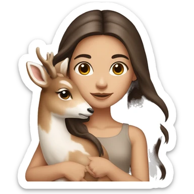 white girl with dark brown long hair holding fawn deer sticker
