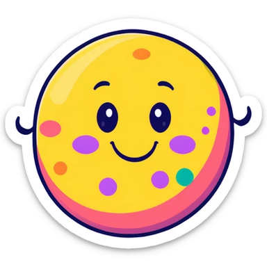 planet with rainbow polka dots all over its surface and a big grinning face sticker