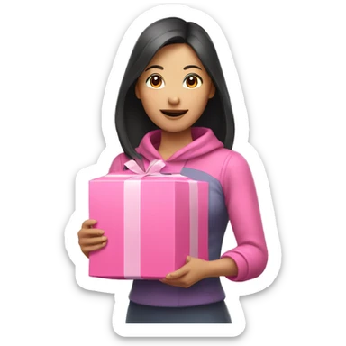 An Asian woman holds a pink package in her hand sticker