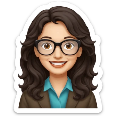 woman 60 long dark weavy hair, brown eyes rectangle dark glasses sticker