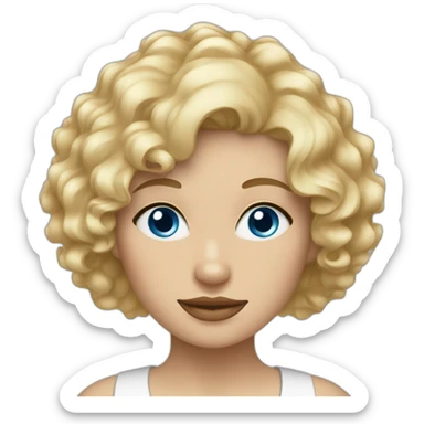 Blond woman with curly hair, blue eyes and a westie  sticker
