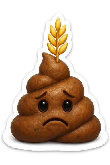 emoji stile iphone di una montagnetta di feci umane realistiche a palline tristi con sopra un simbolo del grano, iperrealistico 4k sticker