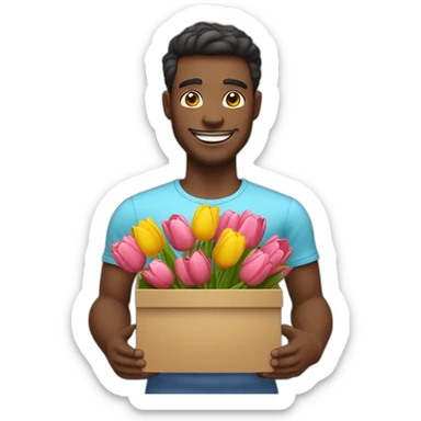 The man holds a decorative box in which tulips and smiles lie. The man has a beautiful smile skin white sticker