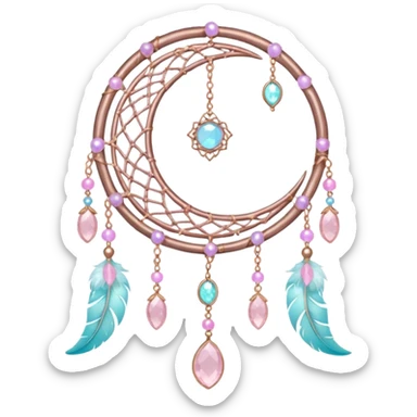 Rosy shiny glossy sparkly romantic pastel crescent damask moon with rose quartz pastel vines pastel gems pastel beads with feathers and chains  suncatcher-dreamcatcher sticker
