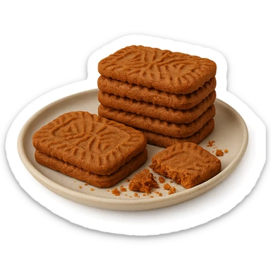 speculoos cookies, stacked and crumbled, showing their spiced interior, warm brown color, on a plate, white background sticker