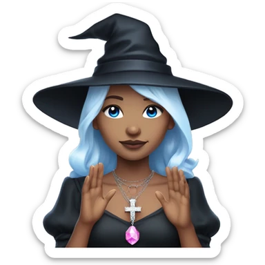 pale young witch wearing a low cut black dress, a pink crystal necklace, and a witch hat, with white hair and bright blue eyes, making prayer hands sticker