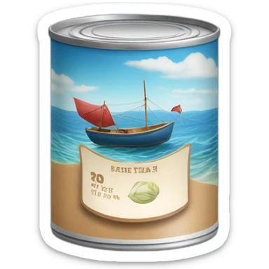 realistic can of tuna fish sowing the shape of a sailling boat on a sea background sticker
